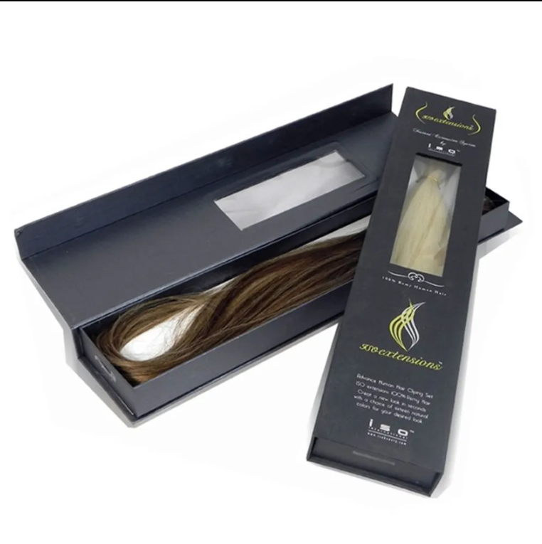 Custom Black Rigid Magnetic Closure Box with Clear PVC Window – Ideal for Hair E