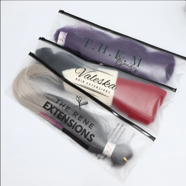 Custom Frosted Zipper PVC Bags for Hair Extensions – Reusable Packaging with Log