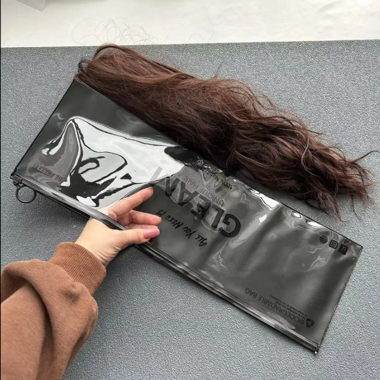 Custom Black & Clear PVC Hair Extension Zip Bag with Ring Pull – Durable Pac