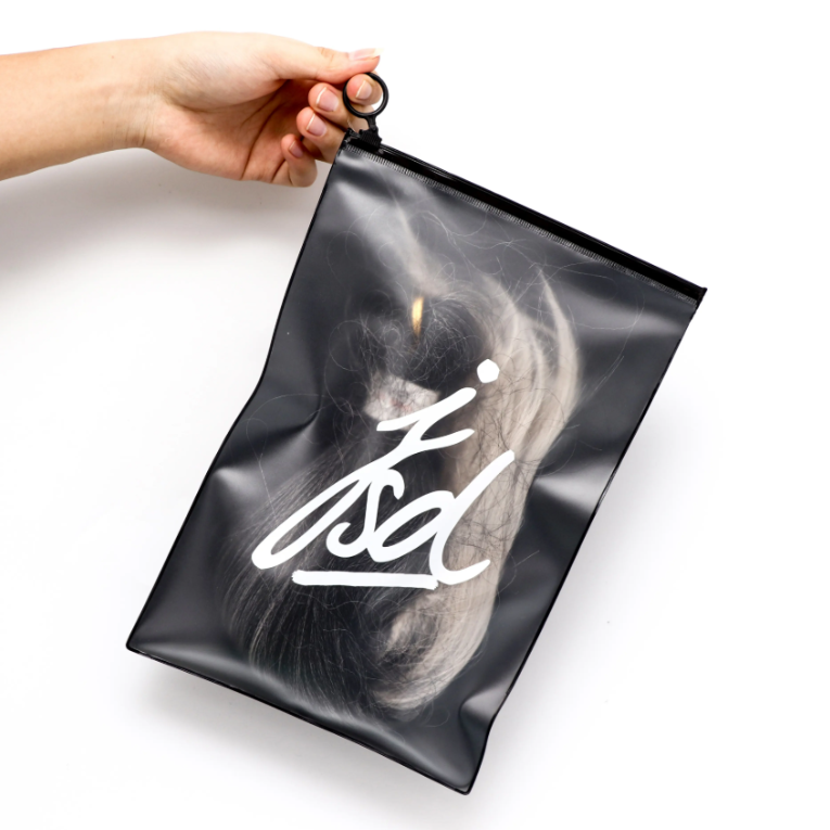Custom Black Zipper Bag with Window and Hanging Ring – Ideal for Hair Extensions