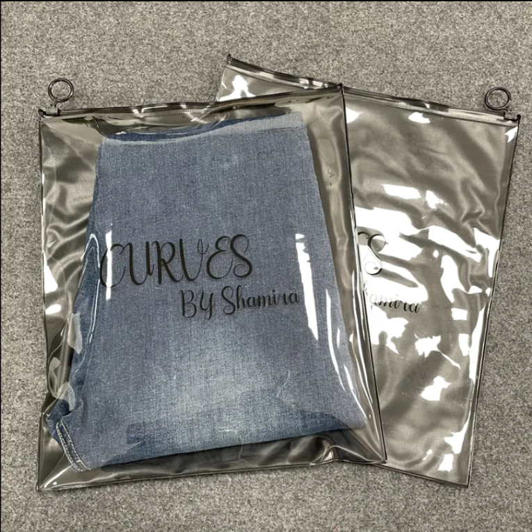 Custom Clear PVC Zipper Clothing Bags with Black Back Panel & Hanging Ring -